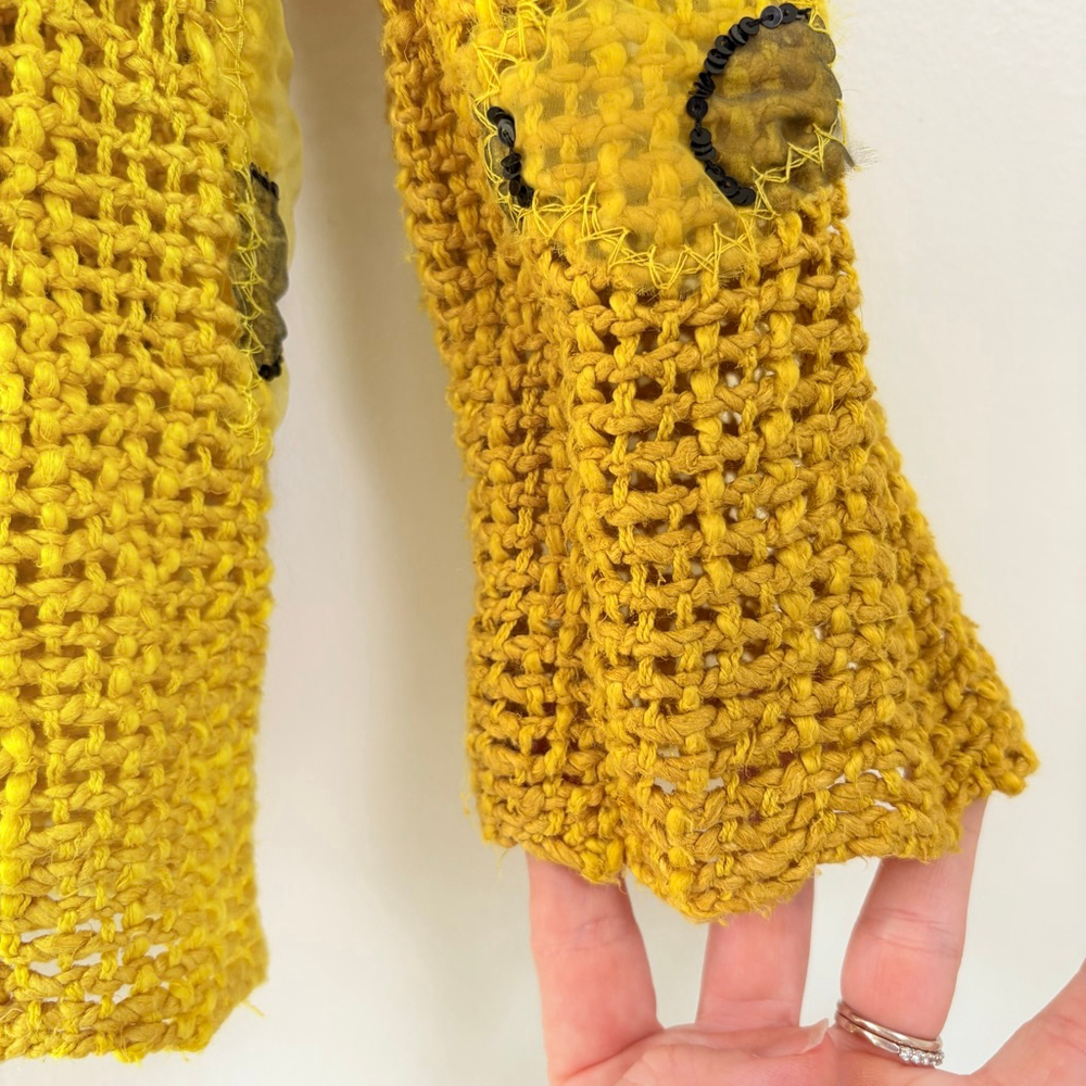 Save The Queen Yellow Silk Cotton Abstract Lace Art to Wear Cardigan Top Women L - Picture 11 of 15